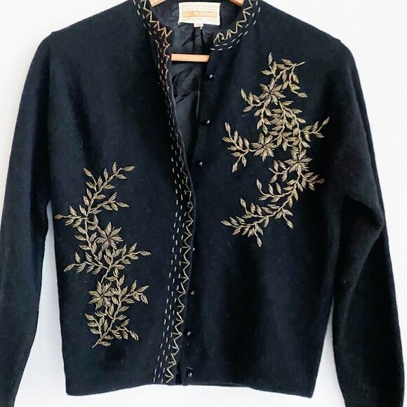 Vintage  Black Wool Beaded Embellished Floral Motif Cardigan Sweater S - Picture 7 of 7